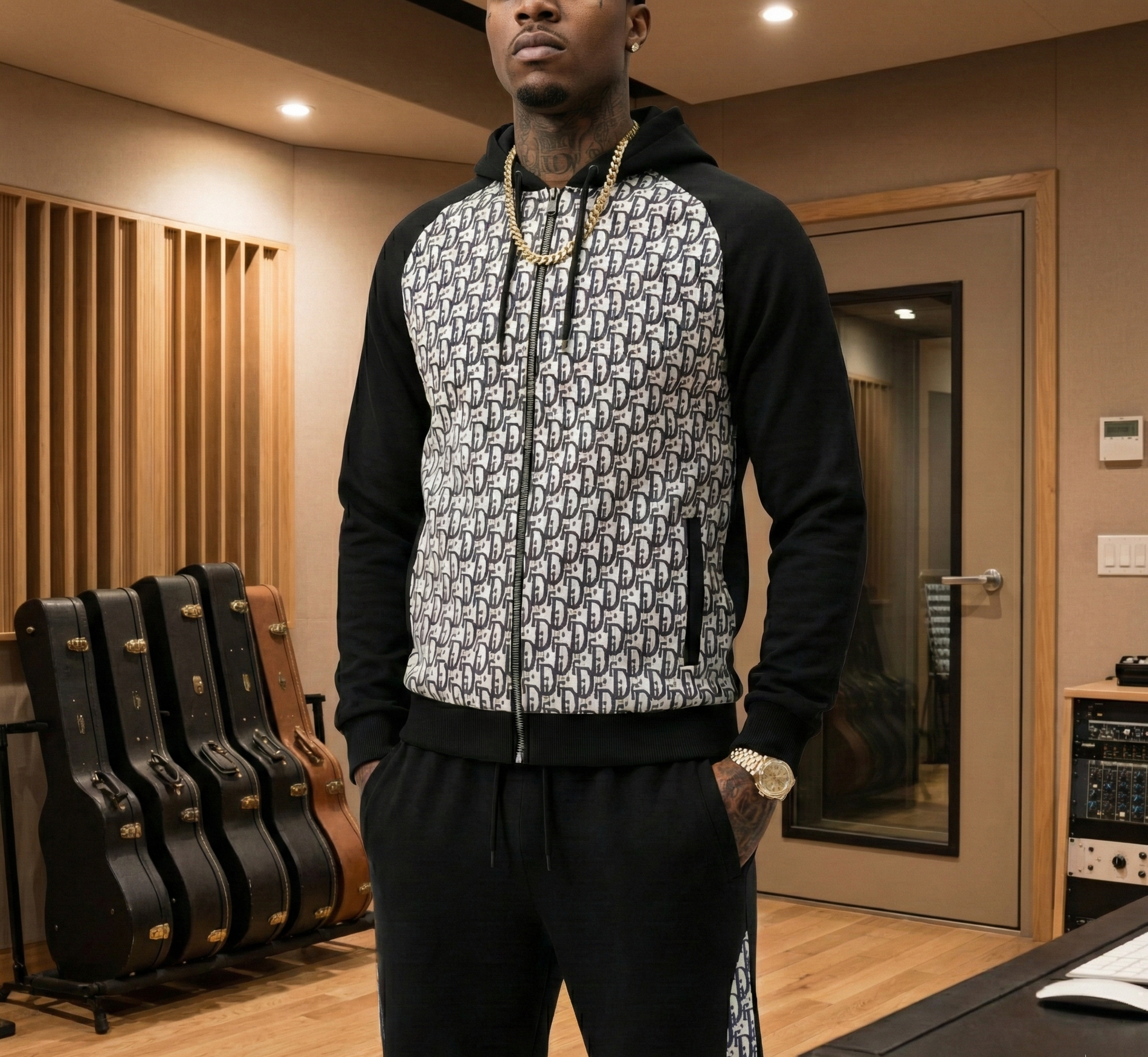 Dior Oblique Hooded Tracksuit in Black with Grey Jacquard Panels - image 3