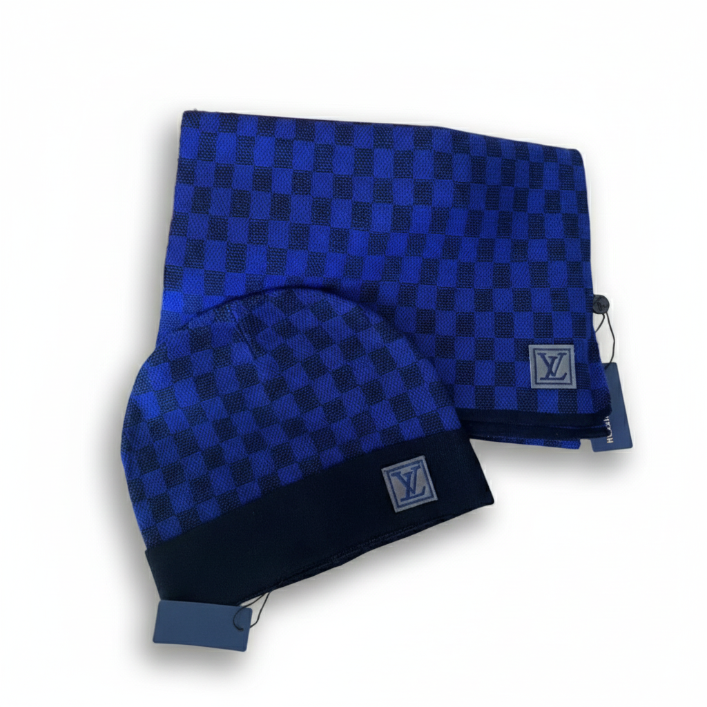 Louis Vuitton Royal Blue Damier Beanie & Scarf Set
