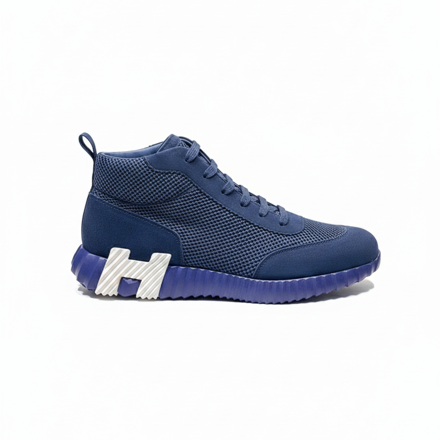 Hermes Bouncing High-Top Sneakers in Navy Suede and Mesh