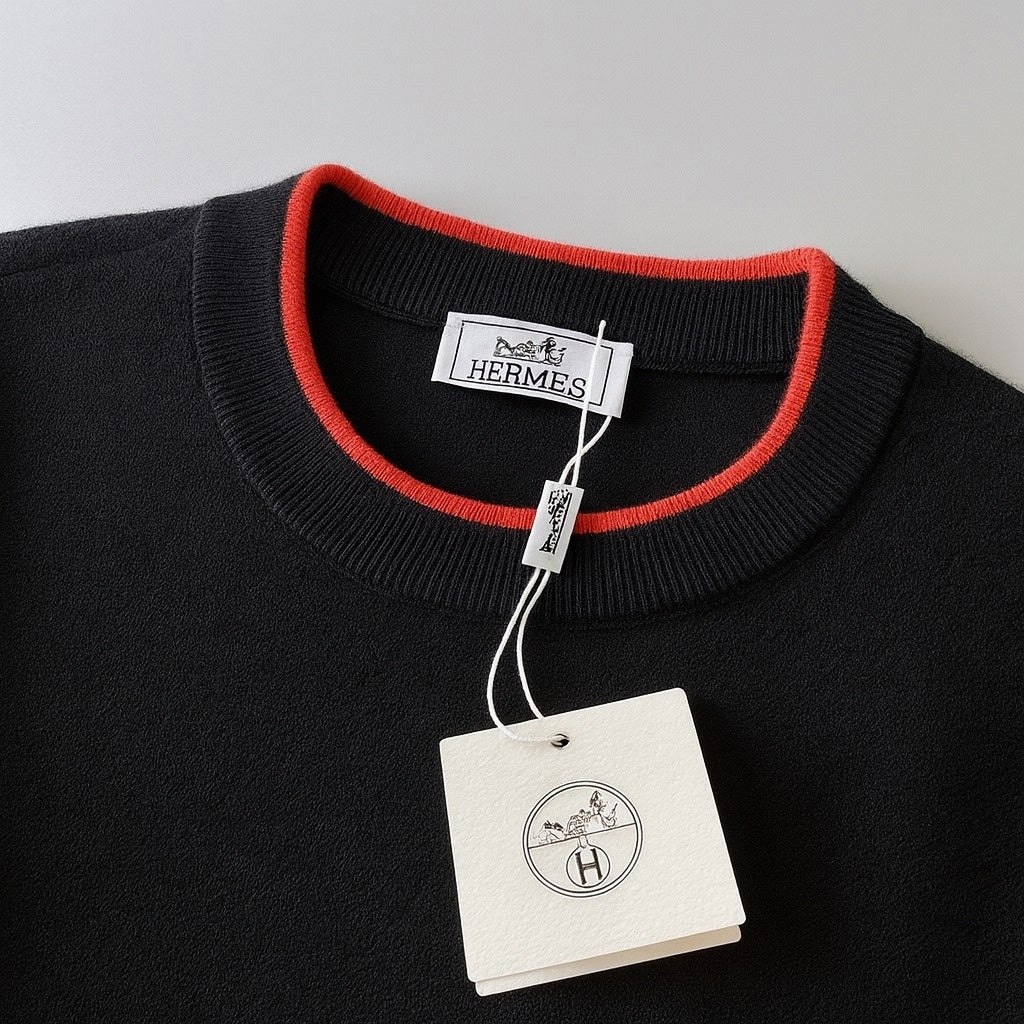 Hermes Signature Black Wool Crewneck Sweater with Red Trim - image 3