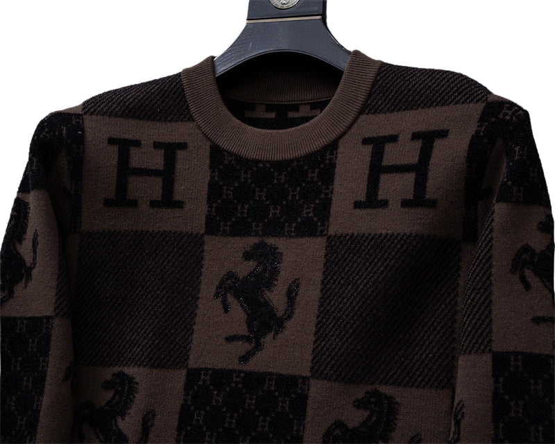 Hermes Checkered “H” & Horse Motif Wool Sweater - image 3