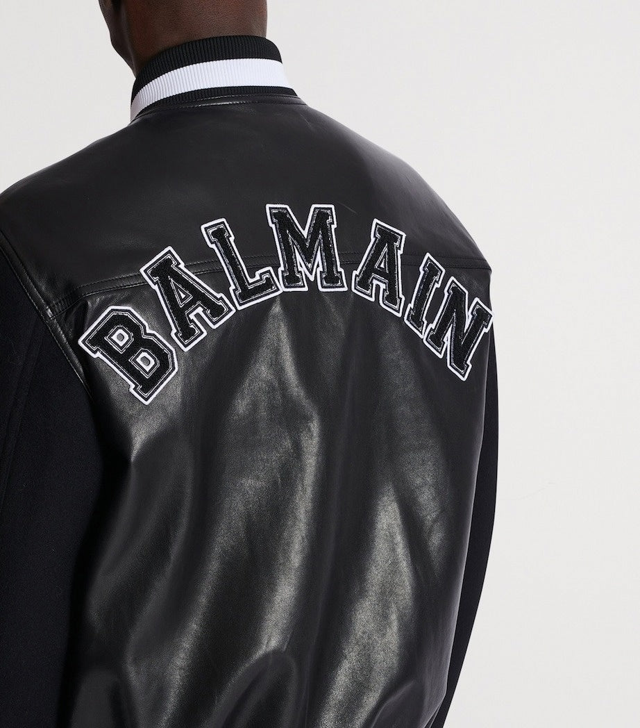 Balmain Leather & Wool Varsity Bomber Jacket - image 4