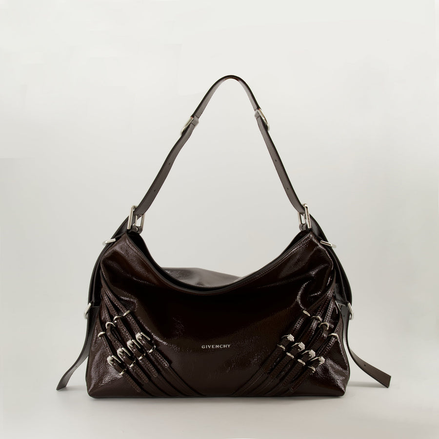 Givenchy Brown Patent Leather Slouchy Shoulder Bag with Harness Detail