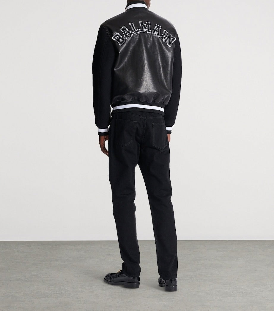Balmain Leather & Wool Varsity Bomber Jacket - image 5