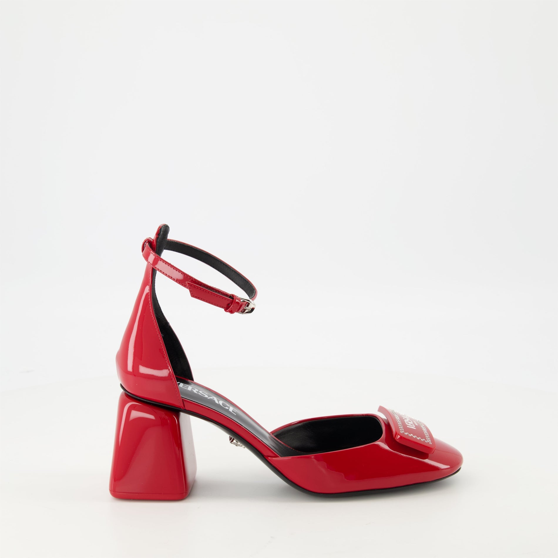 Versace Leather Logo Plaque Ankle-Strap Sandals