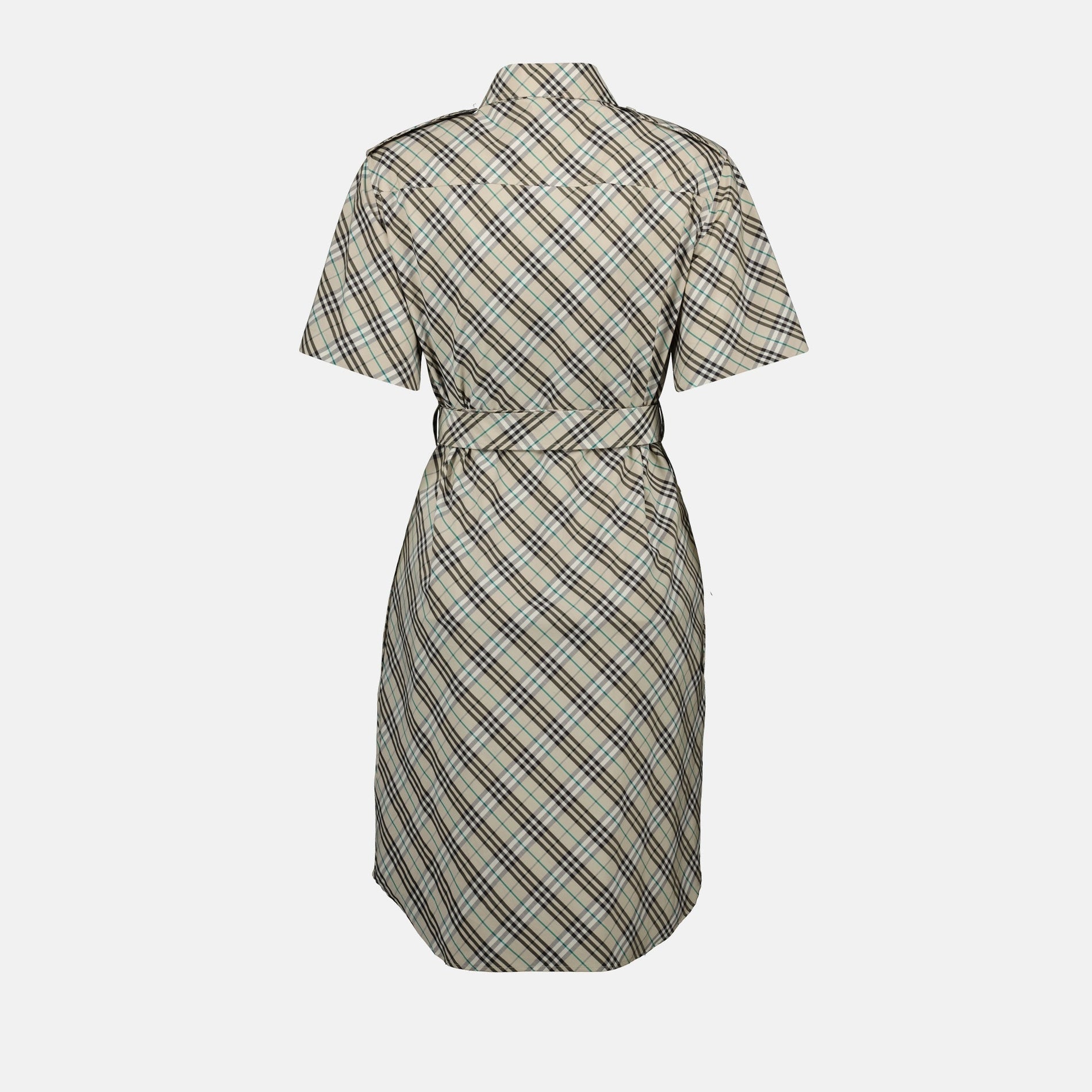 Burberry Short Sleeve Check Belted Shirt Dress – Light Beige - image 4