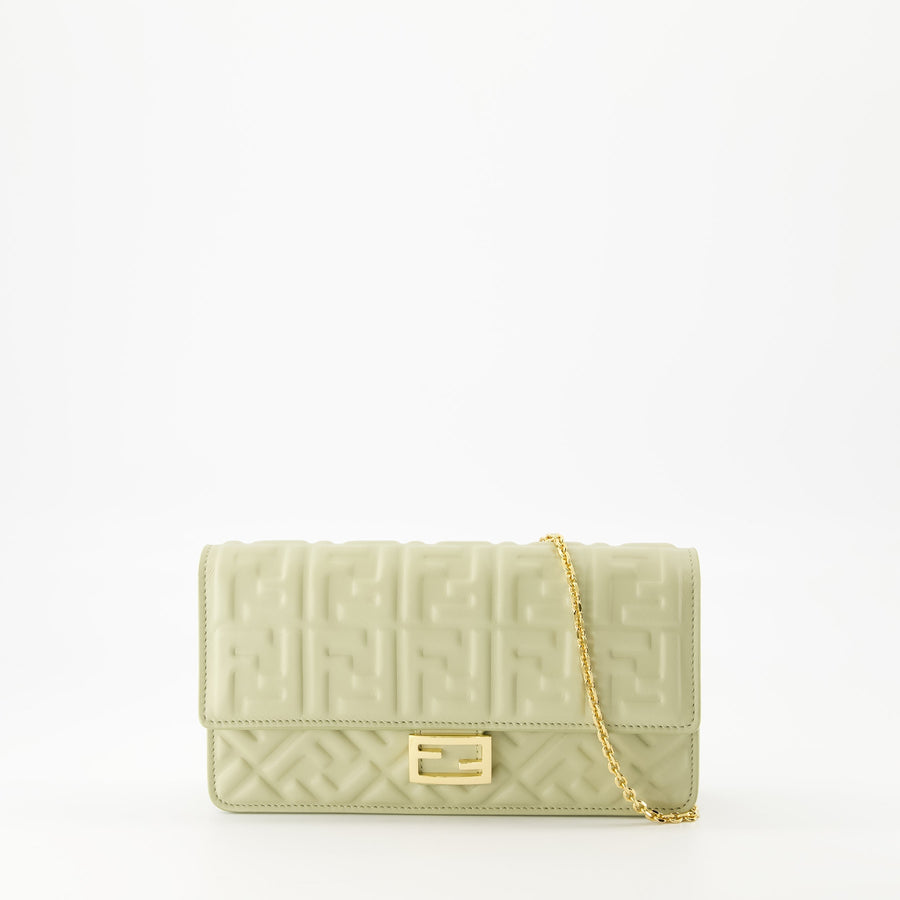 Fendi Baguette Chain Wallet – Embossed Leather (Sage Green)
