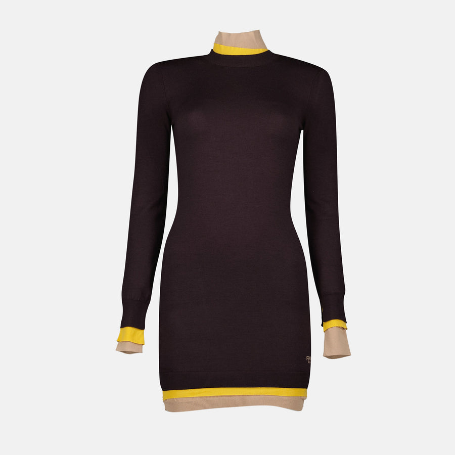 Fendi Layered Trim Turtleneck Knit Dress