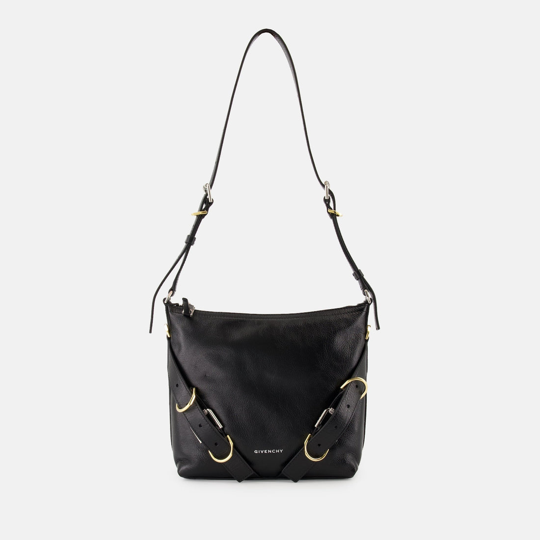 Black Leather Shoulder Bag with Strap Detail