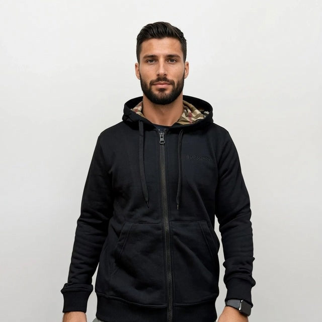 Burberry 'Hove' check Hood Embroidery Logo Hoodie Zip Sweatshirt - Black - image 2