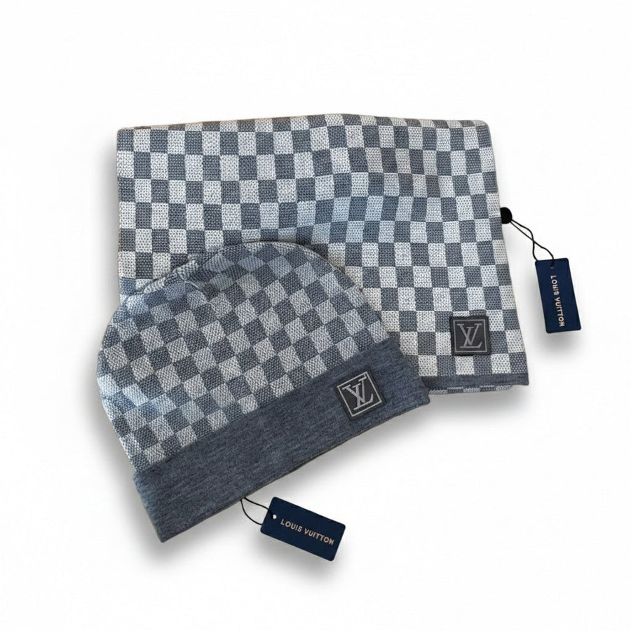 Louis Vuitton Light Grey & White Damier Beanie & Scarf Set