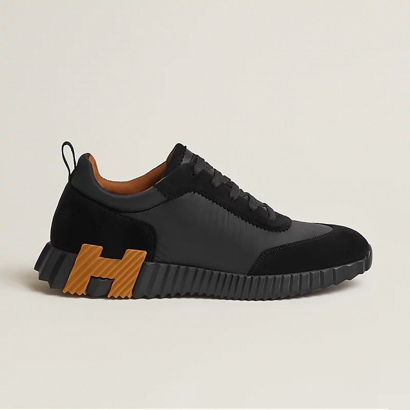 Hermes Bouncing Sneaker in Black Calfskin and Suede with Orange “H”