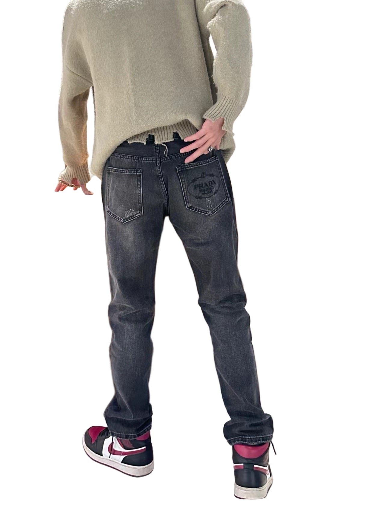 Prada Distressed Black Denim Jeans with Embroidered Back Logo - image 7