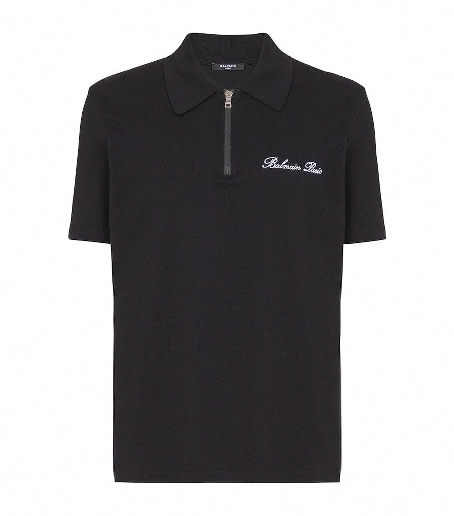 Balmain Zip-Neck Embroidered Polo Shirt