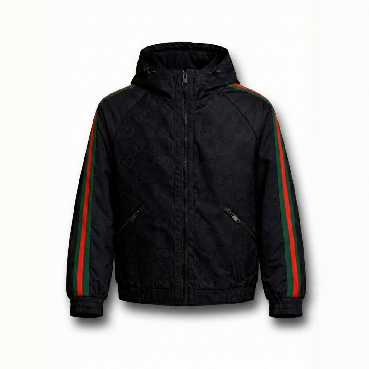 Gucci GG Jacquard Hooded Windbreaker Jacket with Web Stripe Sleeves – Black