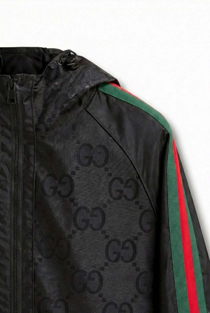 Gucci GG Jacquard Hooded Windbreaker Jacket with Web Stripe Sleeves – Black - image 2