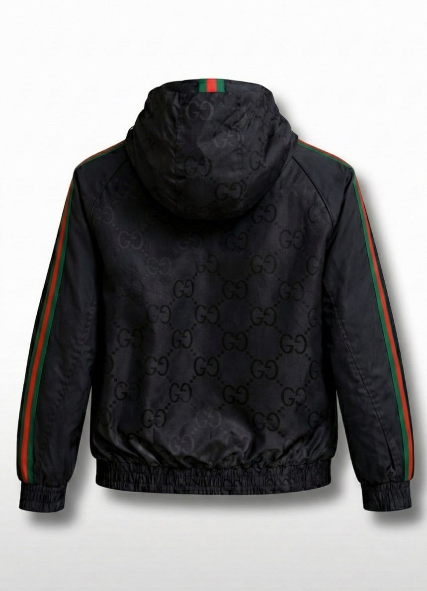 Gucci GG Jacquard Hooded Windbreaker Jacket with Web Stripe Sleeves – Black - image 3
