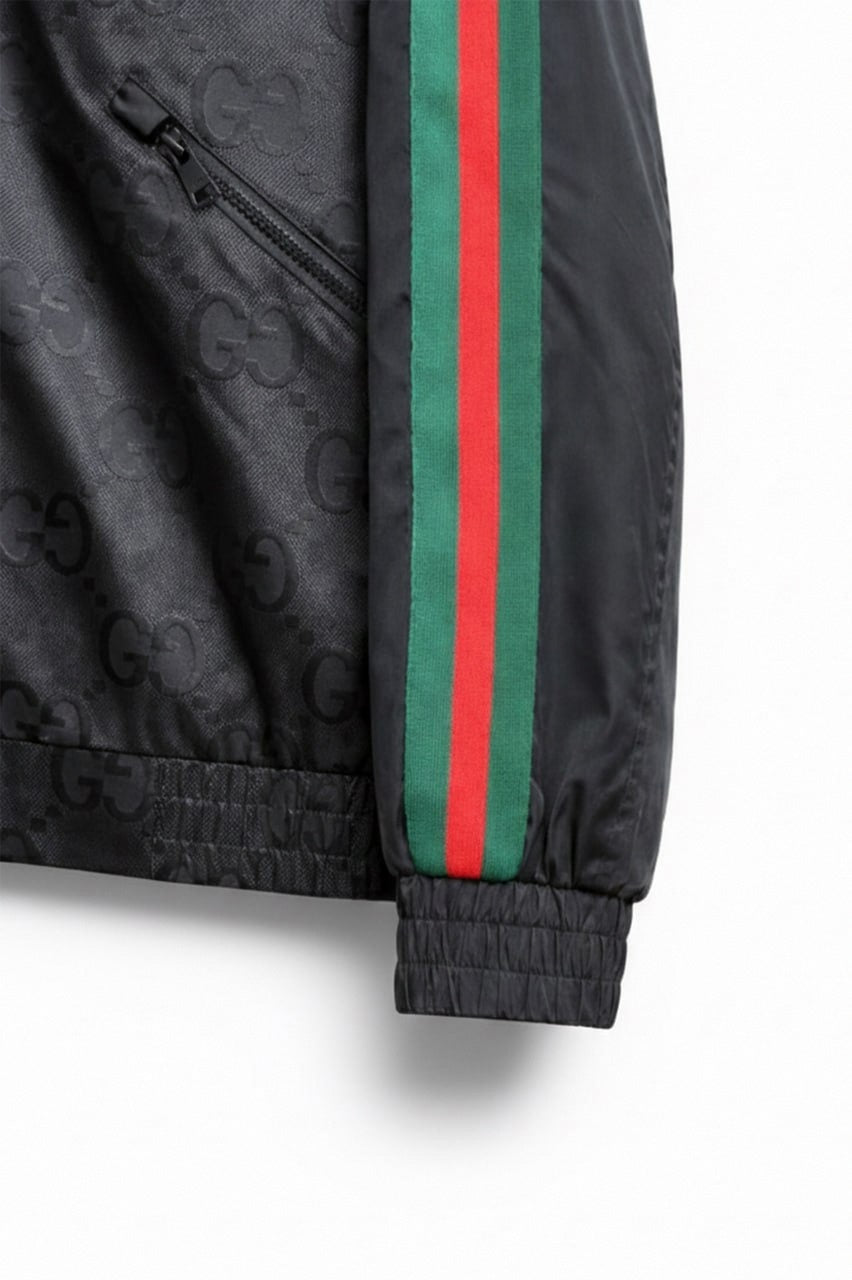 Gucci GG Jacquard Hooded Windbreaker Jacket with Web Stripe Sleeves – Black - image 4