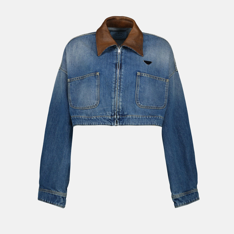 Prada Cropped Denim Jacket with Leather Collar