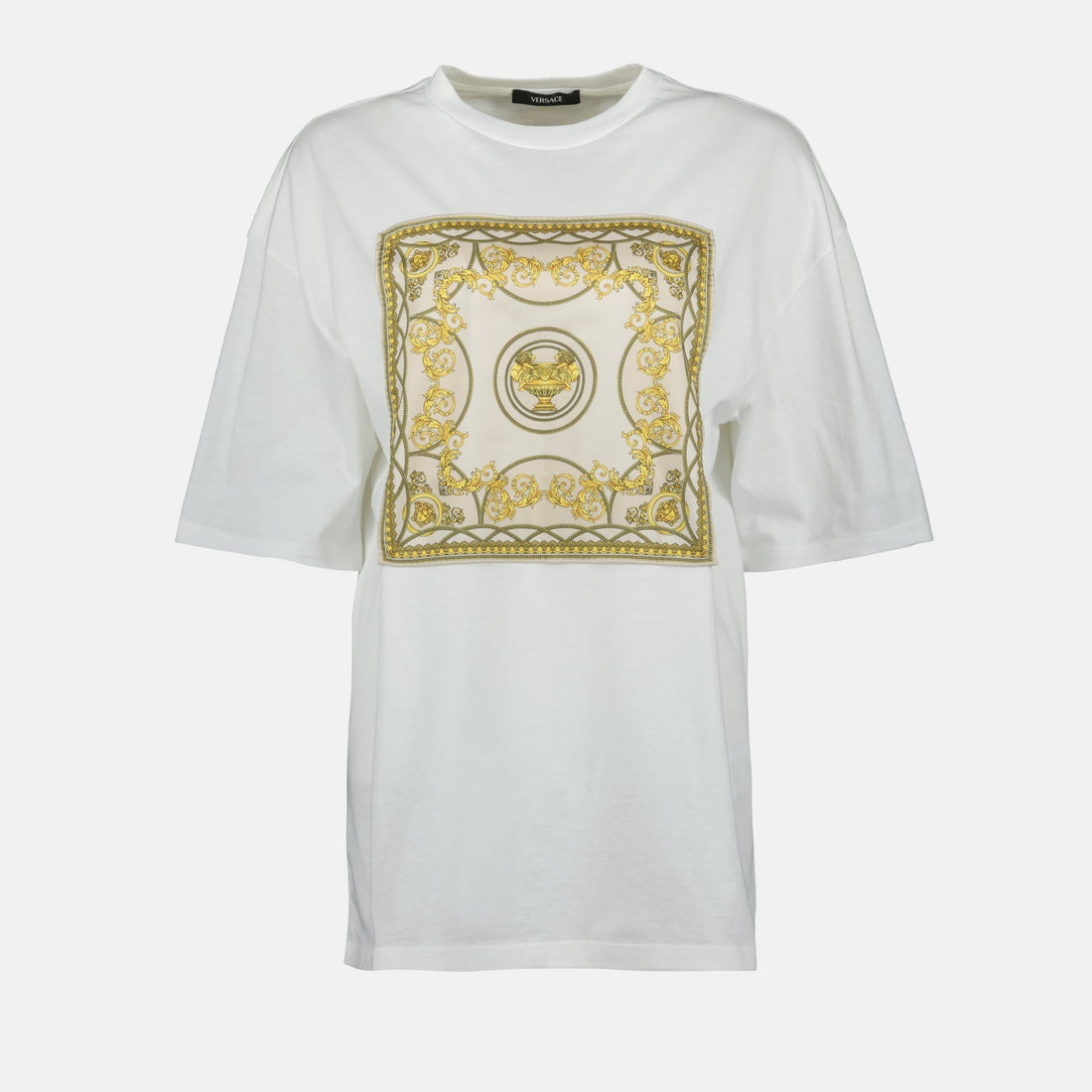 Baroque Print Oversized T-Shirt – White & Gold