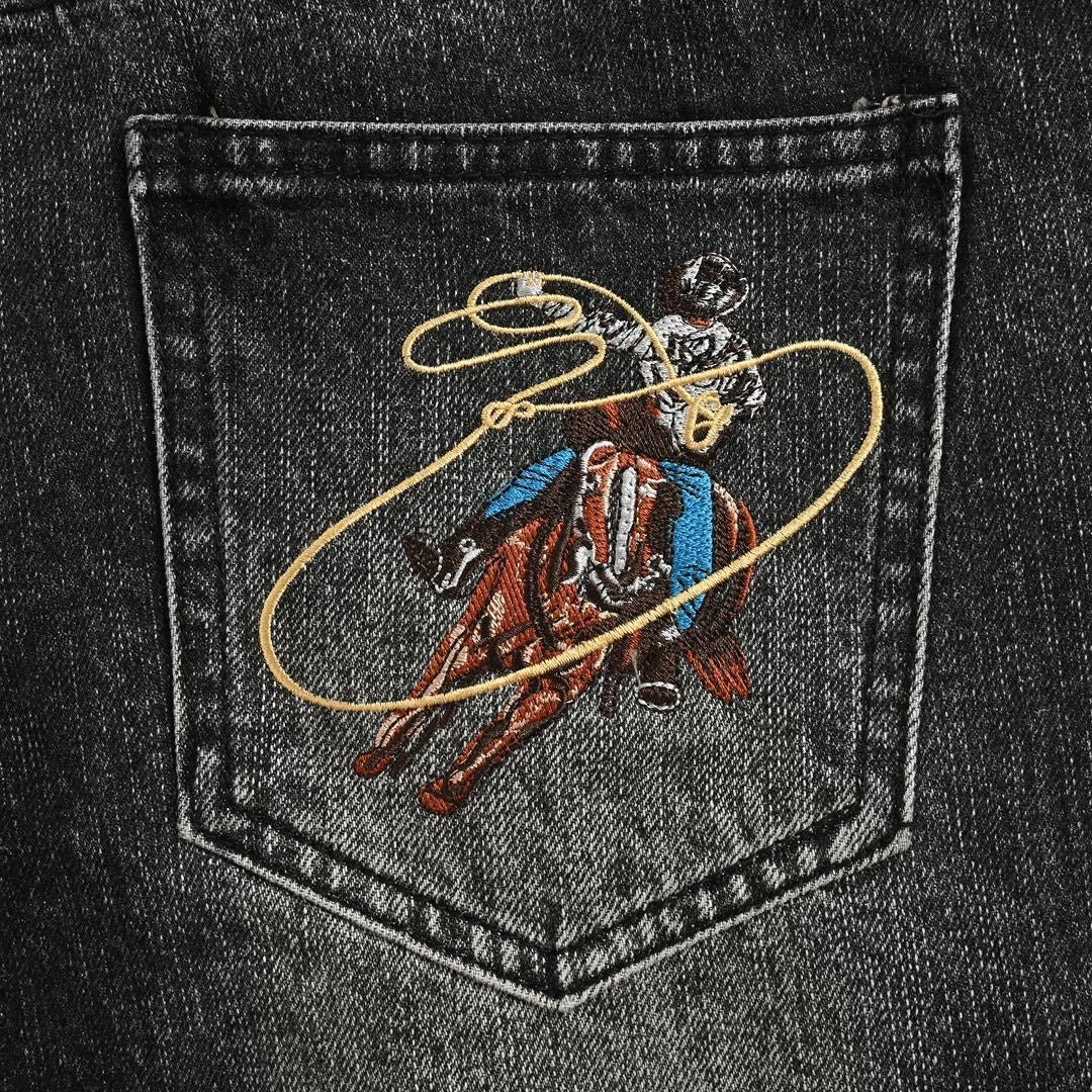 Louis Vuitton Black Washed Denim Jeans with Monogram & Cowboy Embroidery - image 4