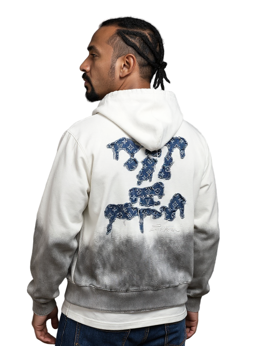 Louis Vuitton White Gradient Hoodie with Blue LV Patch