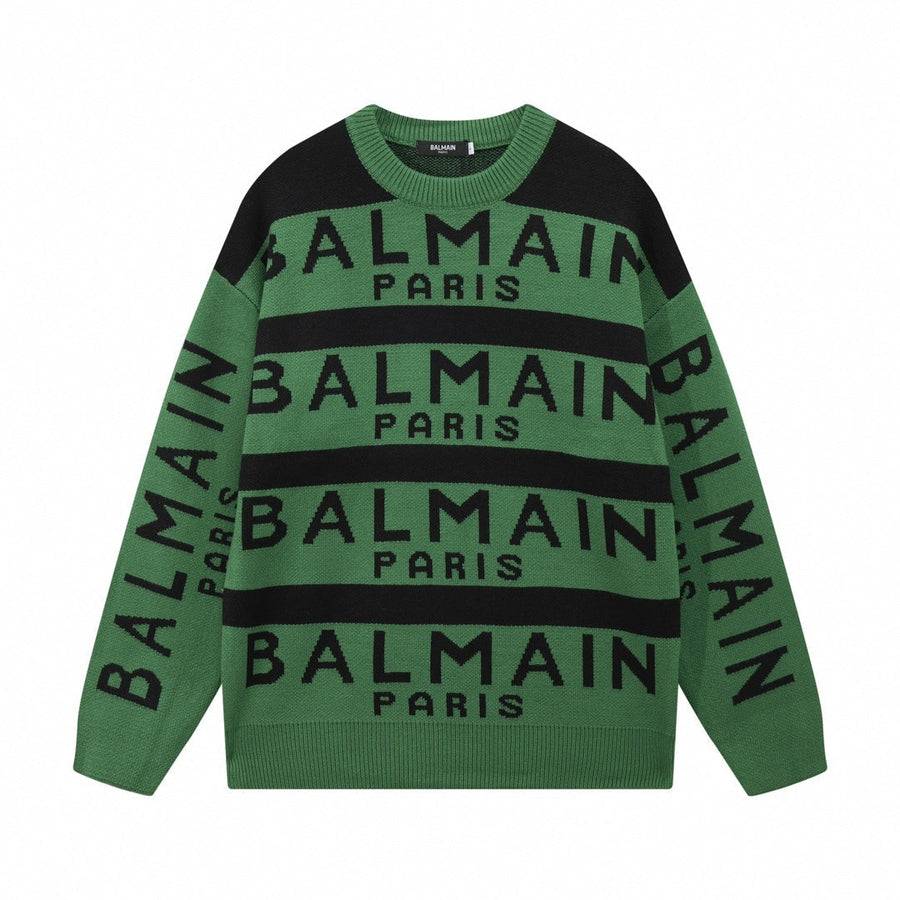 Balmain Striped Logo Intarsia Crewneck - Green