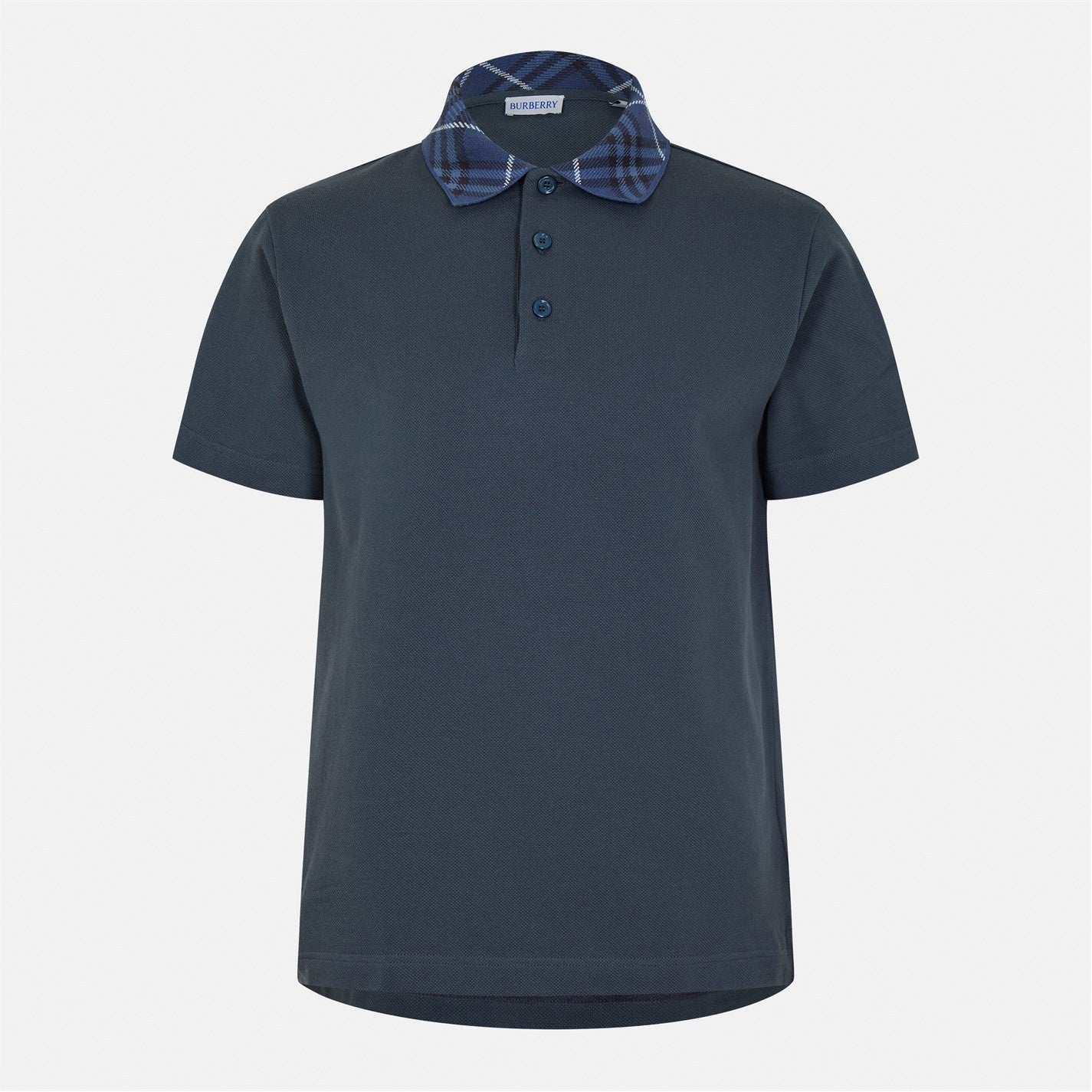 Burberry Check Collar Cotton Polo Shirt – Navy