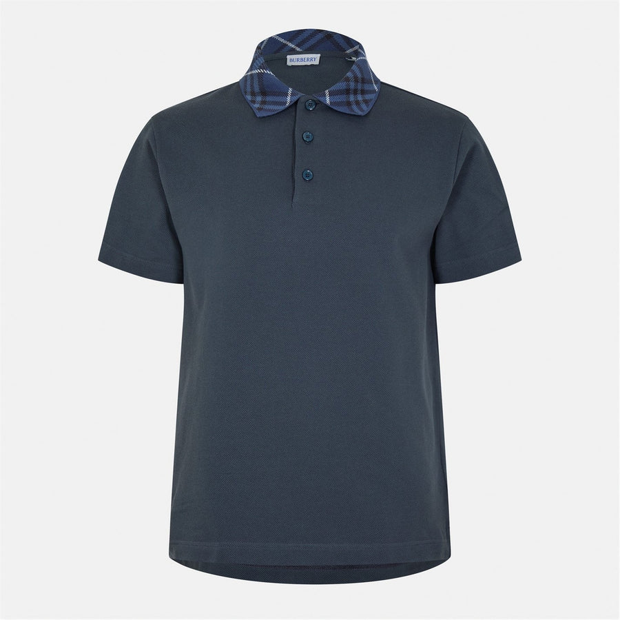 Burberry Check Collar Cotton Polo Shirt – Navy