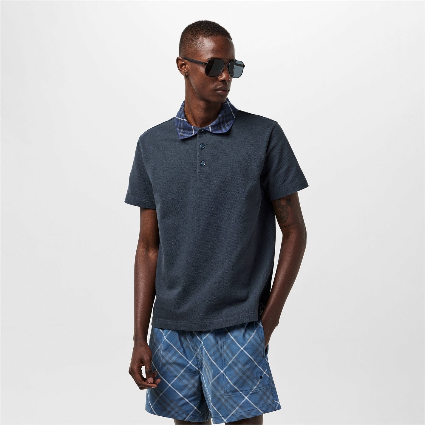 Burberry Check Collar Cotton Polo Shirt – Navy - image 4