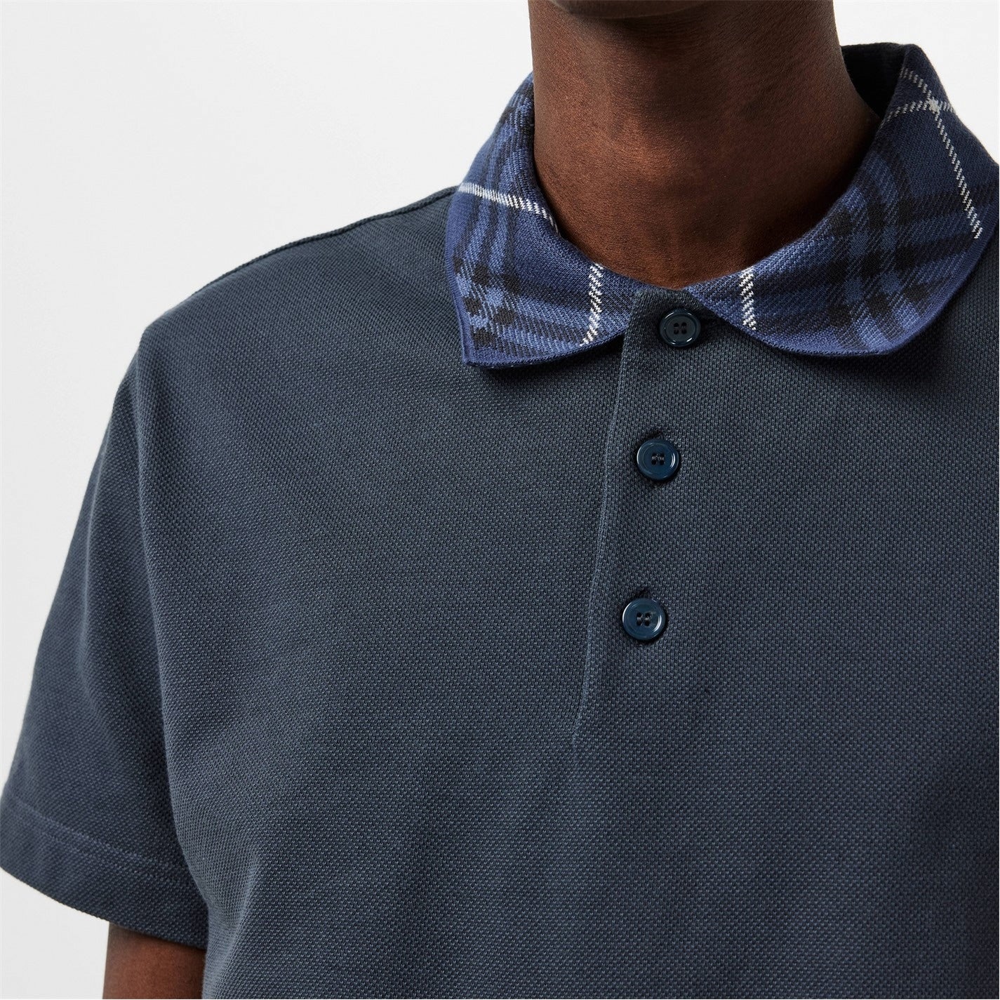 Burberry Check Collar Cotton Polo Shirt – Navy - image 3