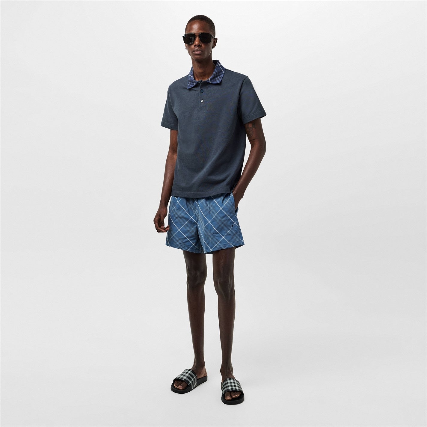 Burberry Check Collar Cotton Polo Shirt – Navy - image 6