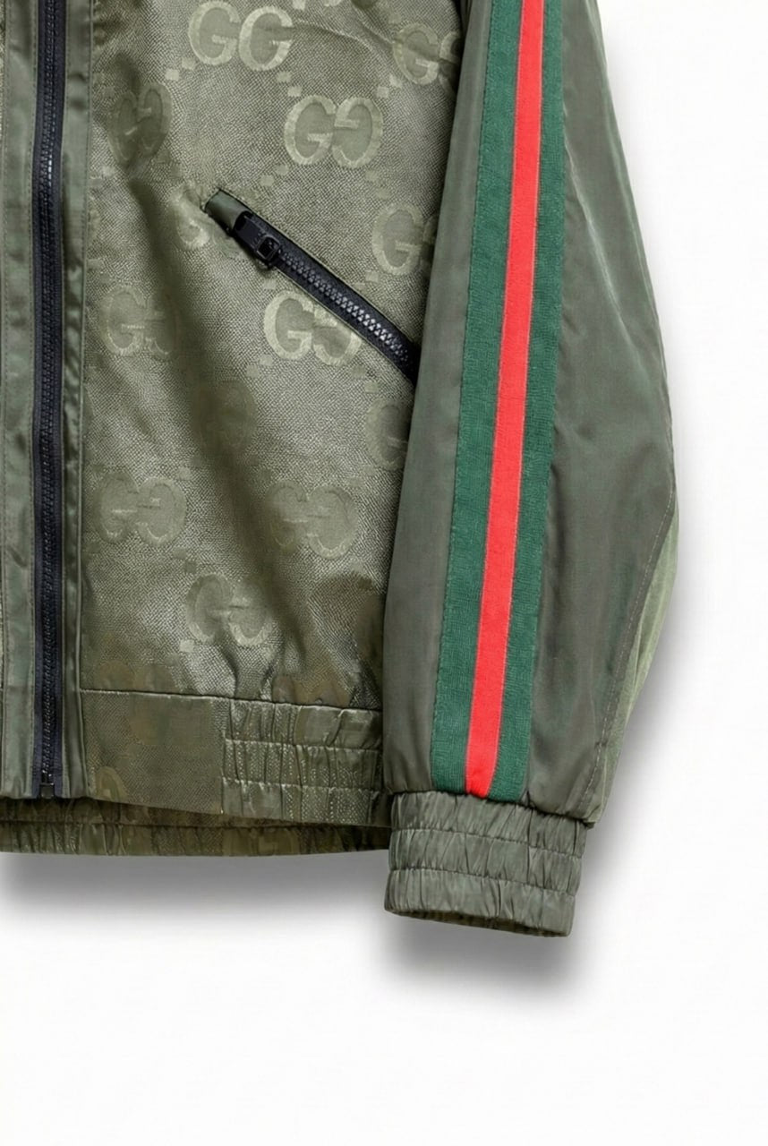 Gucci GG Jacquard Hooded Windbreaker Jacket with Web Stripe Sleeves – Olive Green - image 4