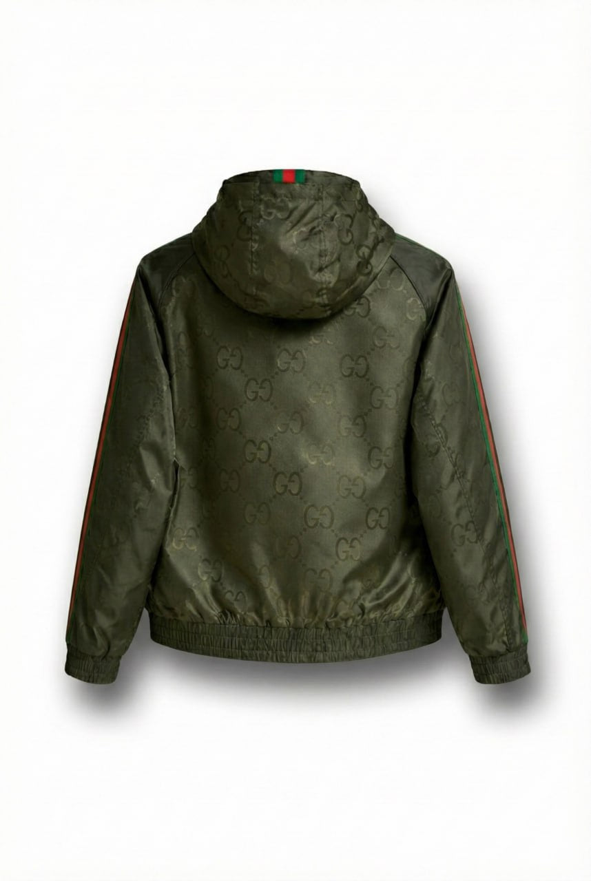 Gucci GG Jacquard Hooded Windbreaker Jacket with Web Stripe Sleeves – Olive Green - image 2