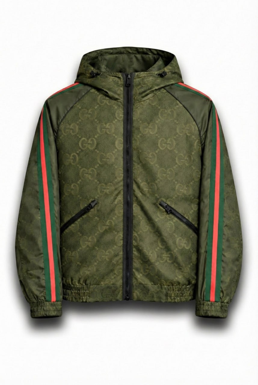 Gucci GG Jacquard Hooded Windbreaker Jacket with Web Stripe Sleeves – Olive Green