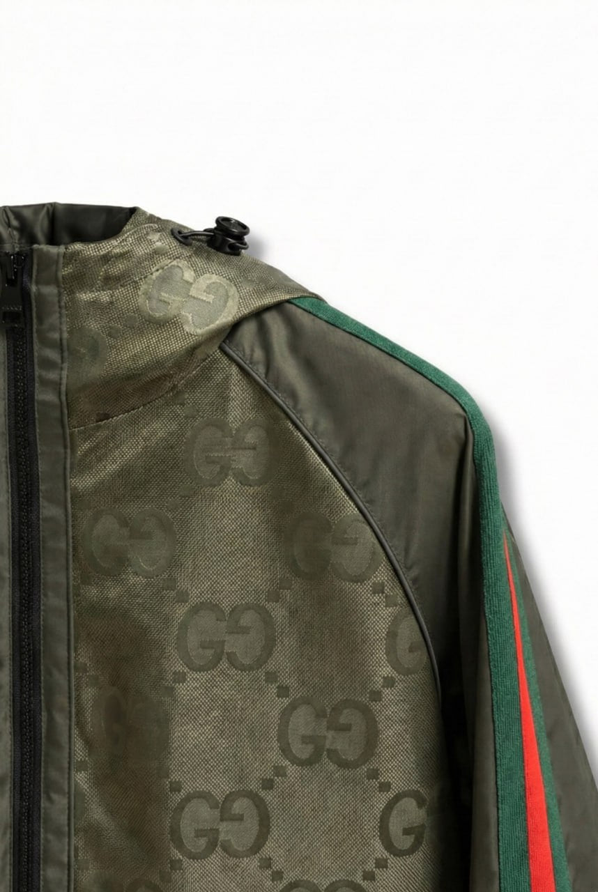 Gucci GG Jacquard Hooded Windbreaker Jacket with Web Stripe Sleeves – Olive Green - image 3