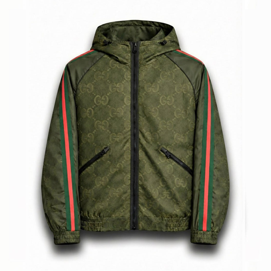 Gucci GG Jacquard Hooded Windbreaker Jacket with Web Stripe Sleeves – Olive Green - image 7