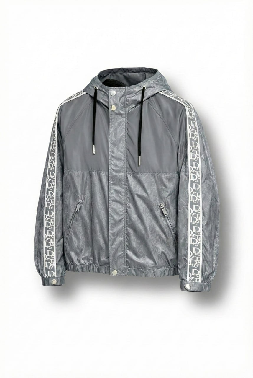 Dior Oblique Grey Hooded Windbreaker with Signature Tape