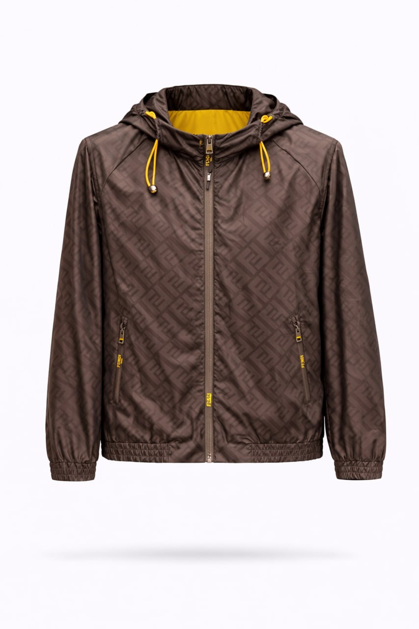 Fendi FF Monogram Hooded Windbreaker Jacket – Brown with Yellow Lining