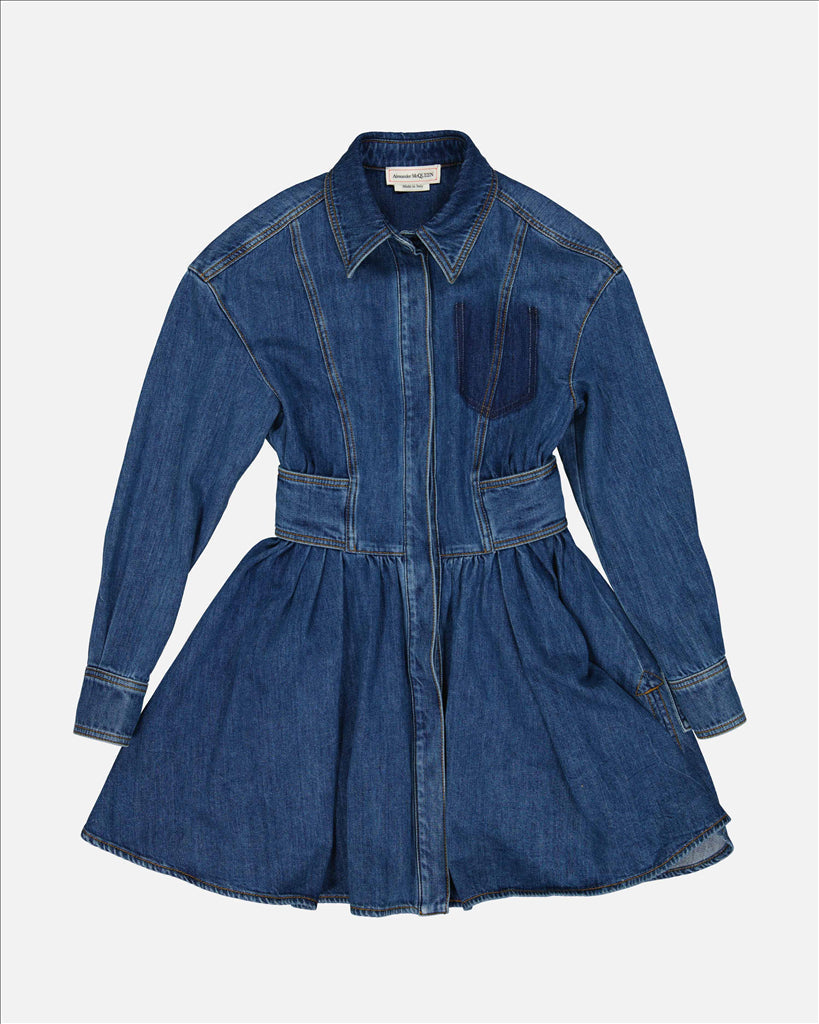 Alexander McQueen Structured Denim Fit-and-Flare Dress