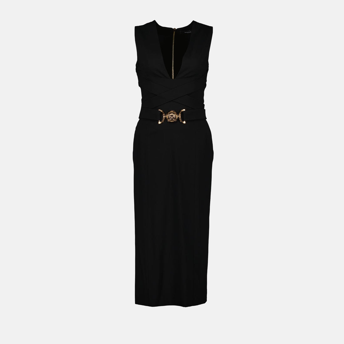 Belted V-Neck Midi Dress with Medallion Detail