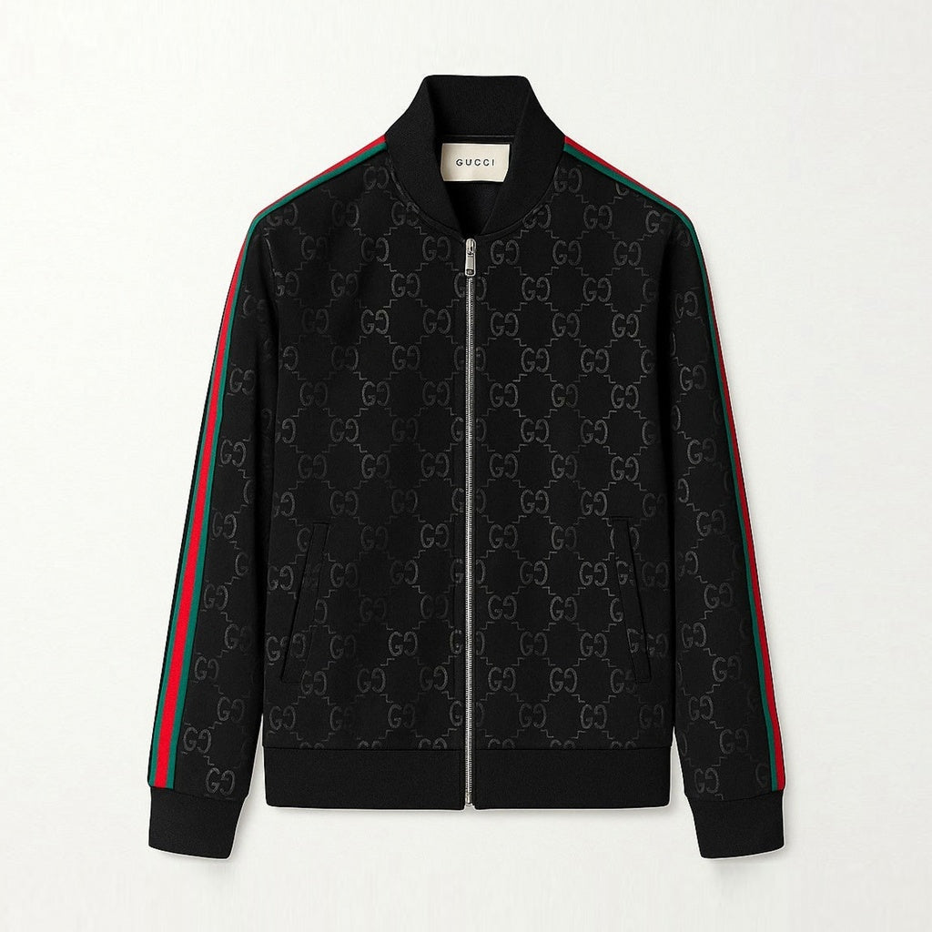 Gucci Black GG Monogram Track Jacket with Signature Web Stripes