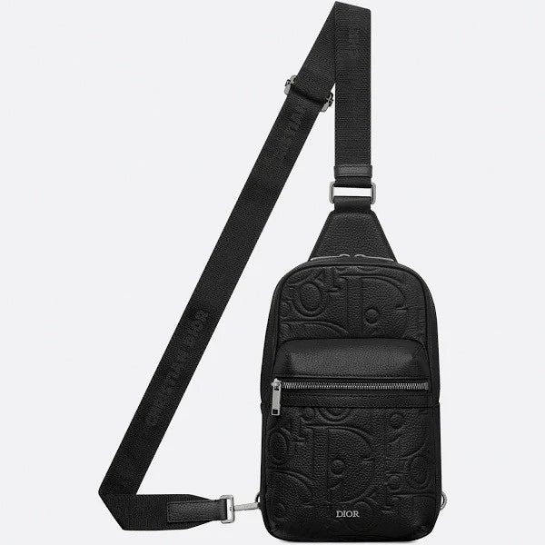Oblique Embossed Leather Sling Bag (Black)