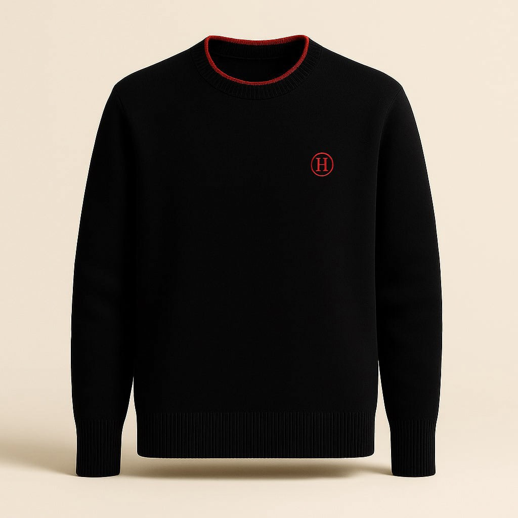 Hermes Signature Black Wool Crewneck Sweater with Red Trim