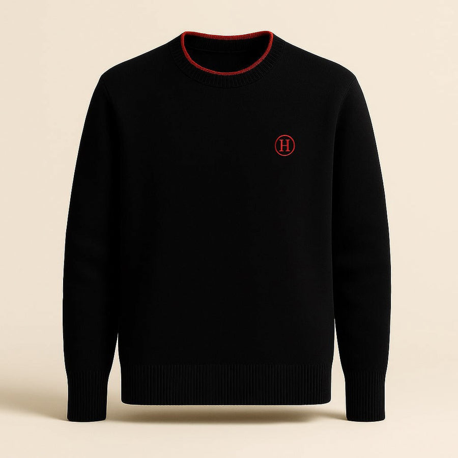 Hermes Signature Black Wool Crewneck Sweater with Red Trim