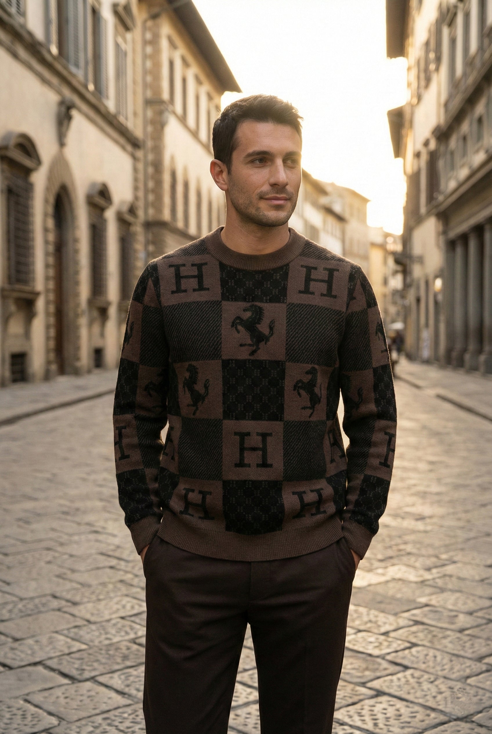 Hermes Checkered “H” & Horse Motif Wool Sweater - image 8
