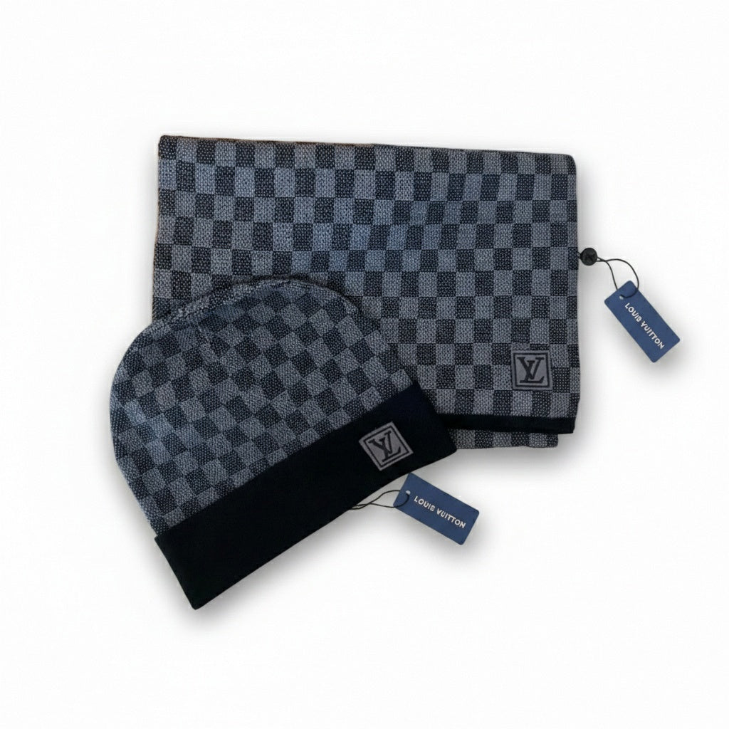 Louis Vuitton Dark Grey Damier Beanie & Scarf Set